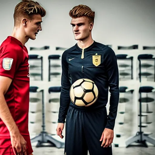 Image similar to a realistic detailed photo of a guy who is an attractive humanoid who is half robot and half humanoid, who is a male android, soccer players martin ødegaard & timo werner, shiny skin, posing like a statue, blank stare, in a factory, on display, showing off his muscles, gold soccer shorts, side view, looking at each other mindlessly