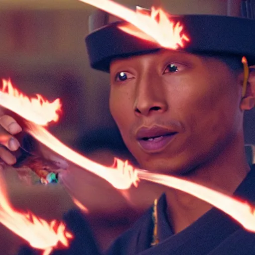 Image similar to cinematic film still Pharrell Williams starring as a Samurai holding fire, Japanese CGI, VFX, 2003, 40mm lens, shallow depth of field,film photography