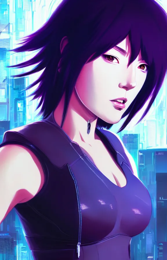 Prompt: a still fullbody portrait of motoko kusanagi ghost in the shell, finely detailed features, closeup at the faces, perfect art, at a cyberpunk city, gapmoe yandere grimdark, trending on pixiv fanbox, by ilya kuvshinov, rossdraws, artgerm