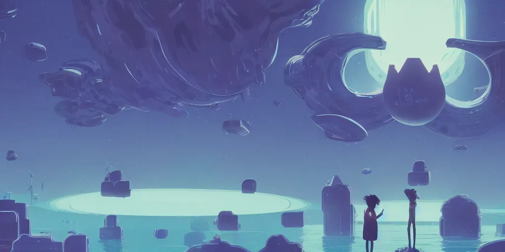 Image similar to sci - fi, matte gouache illustration, gigantic cat speaking to floating women in the air, underwater, cubes of ice around, a lot of tears, people crying, ominous, style by moebius and satoshi kon, matte colors, full - shot, 8 k