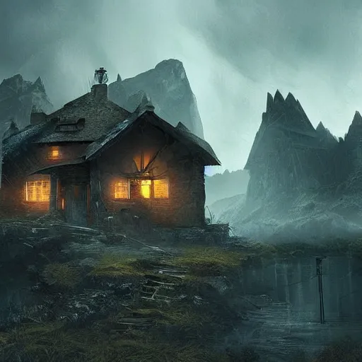 Prompt: nice comfy house in a large dystopian dark fantasy landscape, beautiful mountains, highly detailed, nice lighting, cinematic