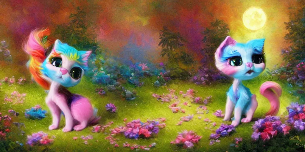 Image similar to 3 d littlest pet shop cat, lacey accessories, glittery wedding, ice cream, gothic, raven, rainbow, smiling, forest, moon, master painter and art style of noel coypel, art of emile eisman - semenowsky, art of edouard bisson