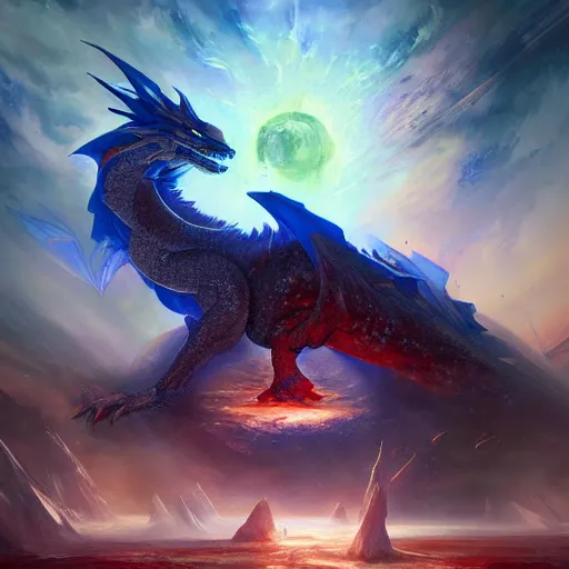 Image similar to prompt blue crystalline dragon, European dragon, devouring a planet, space, planets, moons, sun system, nebula, oil painting, by Fernanda Suarez and and Edgar Maxence and greg rutkowski