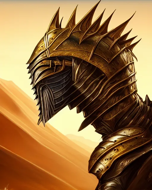 Image similar to hyper realistic side view painting of the king of the desert, angry, gold armour, sword, dramatic lighting, intricate, wild, highly detailed, digital painting, artstation, concept art, smooth, sharp focus, illustration