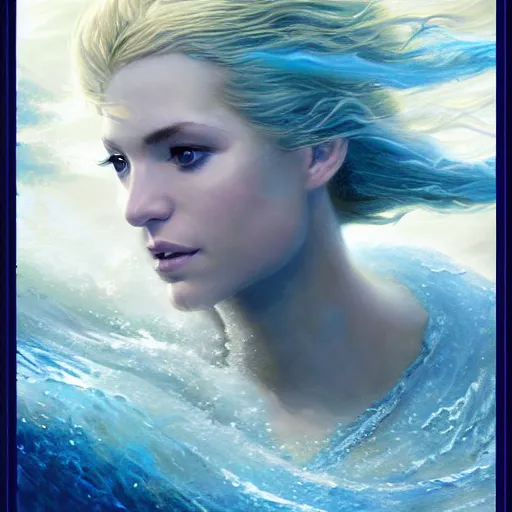 Prompt: beautiful portrait of a mystical blonde haired goddess of the sea wearing long blue gold water robes rising up from the deep blue waves, oil painting by Greg Rutkowski and Charlie Bowater and Artgerm, unreal 5, DAZ, RPG Portrait, trending on artstation, dynamic lighting, misty, ocean, blue theme, afternoon light