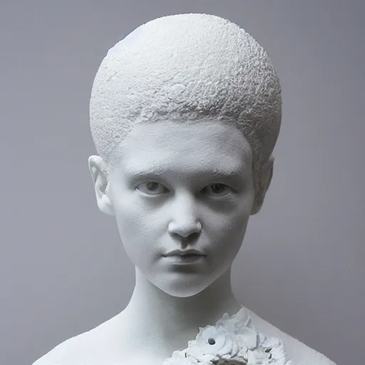 Prompt: female porcelain sculpture by daniel arsham and raoul marks, smooth, full head, all white features on a white background, detailed white 3 d giant poppies on the head