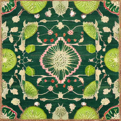 Prompt: professional close - up photo of green persian rug texture with huge kiwi fruits ornaments, top view, symmetrical, beautiful, square