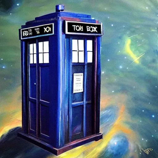 Image similar to oil painting of the tardis from dr who flying through space. beautiful. space.