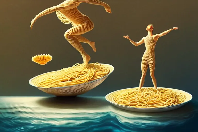 Image similar to olympic diver made of pasta diving into a dish of pasta, splash, art deco intricate ripples, fantasy, elegant, highly detailed, sharp focus, art by artgerm and beeple and greg rutkowski and wlop