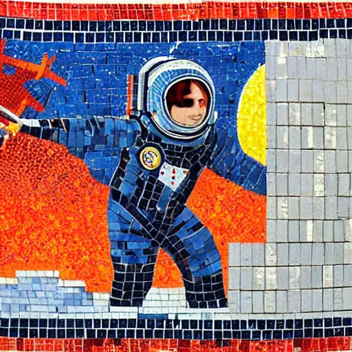 Prompt: soviet mosaic of an cosmonaut exploring deep space, on a giant wall of an apartment building, socialist, propaganda