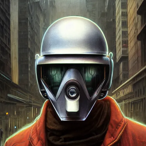 Image similar to dreary realism portrait of masked cyber punk helmet on the art deco streets of the big city, artstation, award - winning realistic sci - fi concept art by jim burns and greg rutkowski, beksinski, a realism masterpiece, muted color palette, james gilleard, bruegel, alphonse mucha, and yoshitaka amano