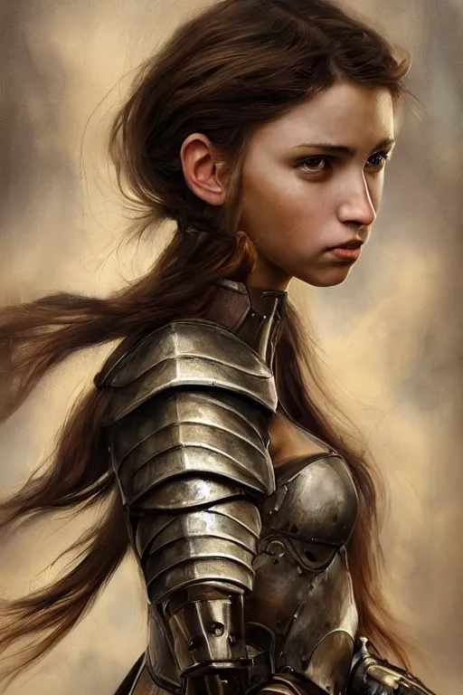 Image similar to a photorealistically painted portrait of an attractive young girl, partially clothed in battle armor, with an abstractly painted background, flawless olive skin, fair complexion, long dark hair, beautiful bone structure, perfectly symmetric facial features, perfect photorealistic eyes, natural physique, intricate, elegant, digital painting, concept art, finely detailed, beautifully illustrated, sharp focus, minimal artifacts, volumetric lighting, from Metal Gear, by Ruan Jia and Mandy Jurgens and Artgerm and William-Adolphe Bouguerea, in the style of Greg Rutkowski, trending on Artstation, award winning art