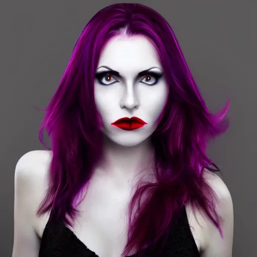 Prompt: female vampire portrait, purple hair, red eyes