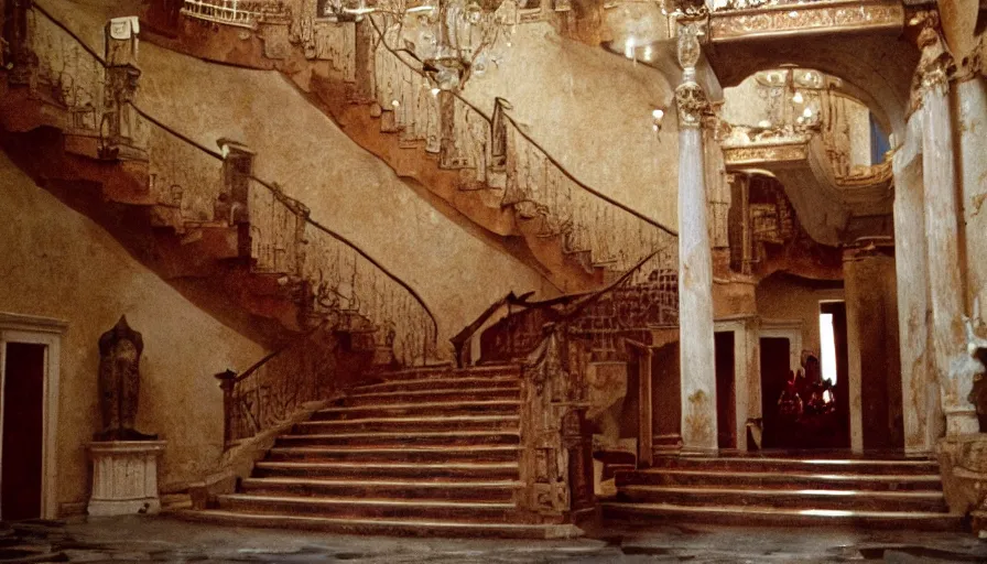 Image similar to movie still by tarkovsky of caligula poniard to death by senators on ancient stairs blood flowing, cinestill 8 0 0 t 3 5 mm, high quality, heavy grain, high detail, dramatic light, ultra wide lens, anamorphic