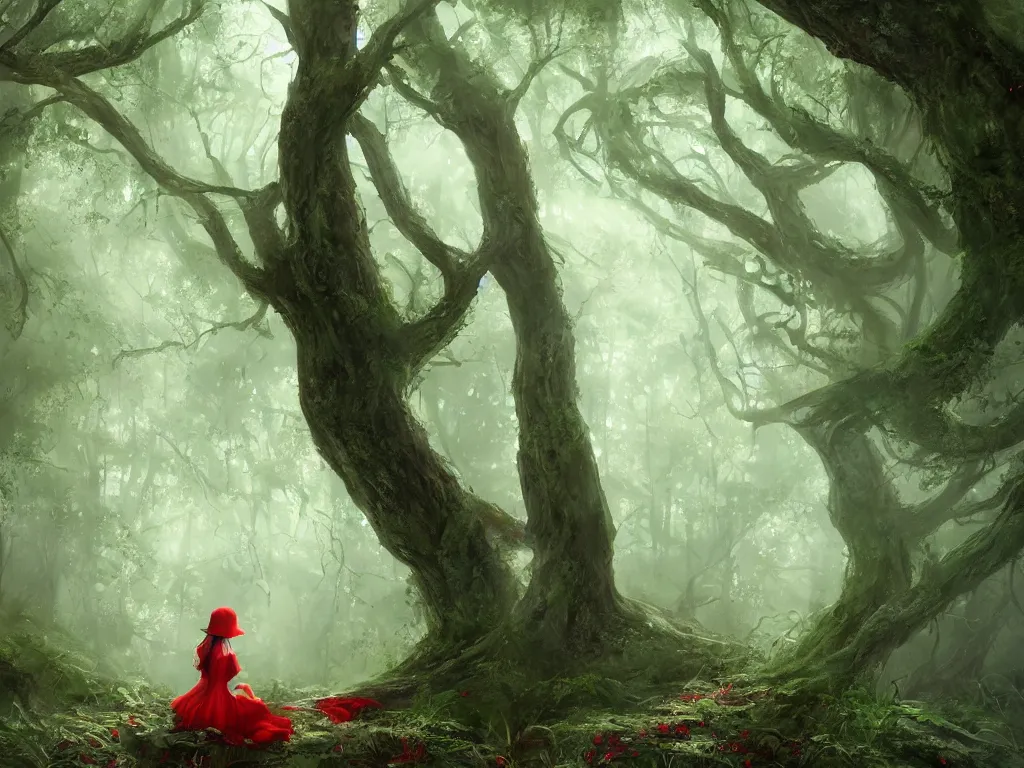 Prompt: a female beauty with red cap rides slowly through a dense misty green oak and beech forrest, rays of life, cinematic, fantasy art, moody morning light, cryengine, trending on artstation, by cynthia sheppard, by naoto hatori, by tyler jacobson, by john howe, by ridley scott, by peter jackson, by chris rahn
