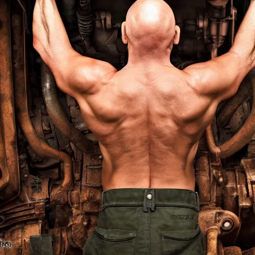 Prompt: a muscular bald man with engines on his back and drainage pipes from his arms, diesel engine, gasoline engine, combustion engine, high definition photograph