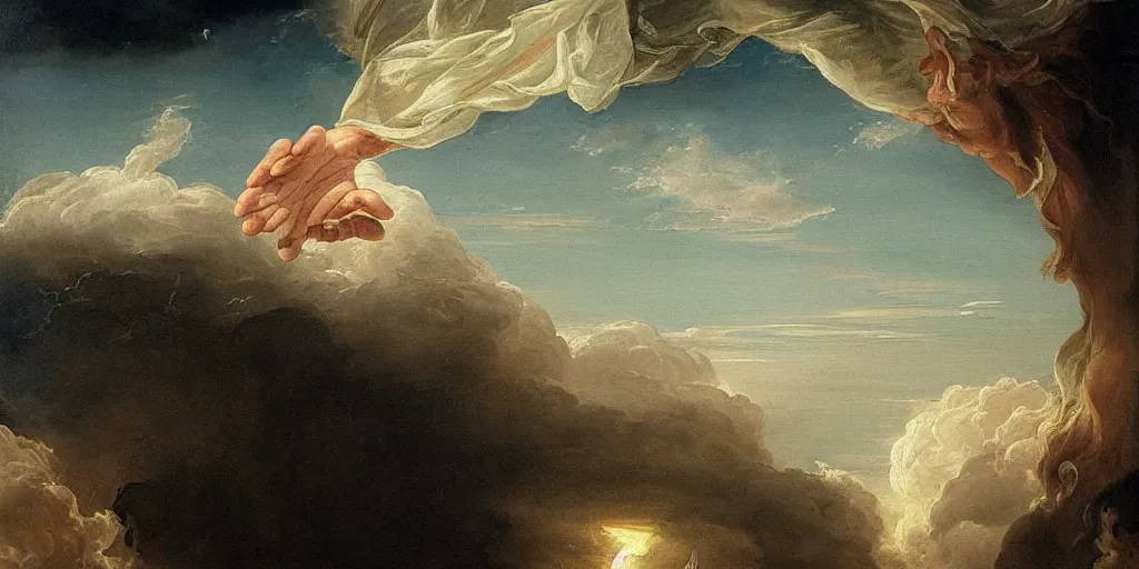 Image similar to a painting of a hand descending from the clouds demanding payment god knows what, in the style of an epic Thomas Cole painting