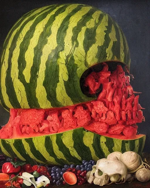 Image similar to interdimensional human watermelon skull being made out of fruits, ethereal still life renaissance painting by giuseppe arcimboldo and alex grey