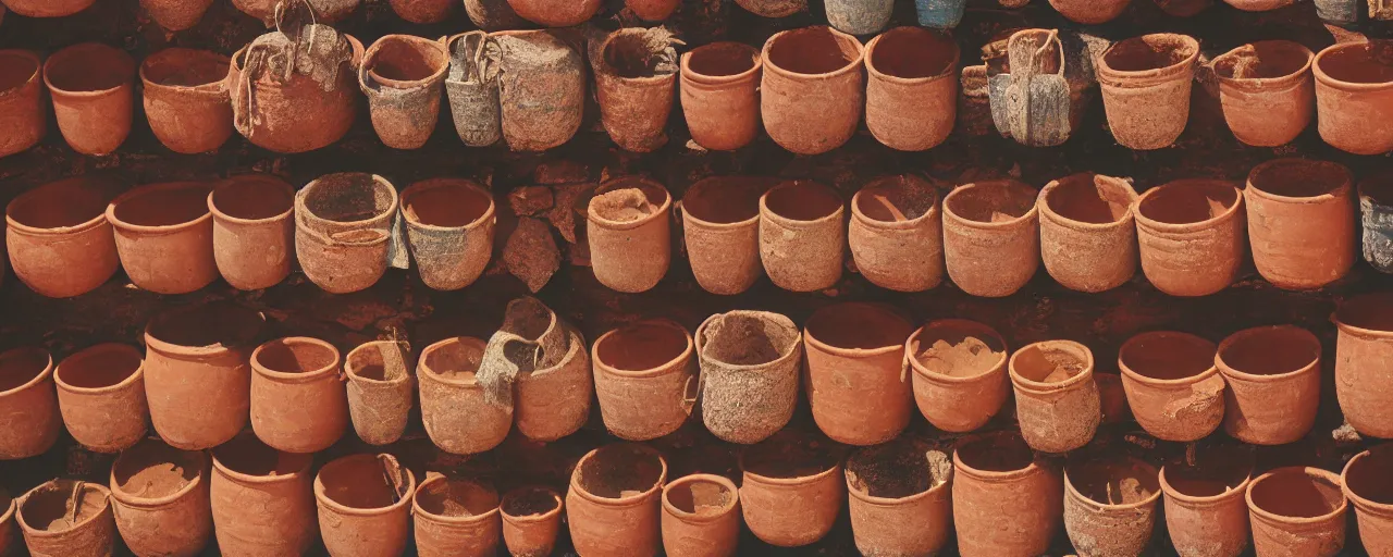 Prompt: spaghetti being stored in ancient terra cotta pots, middle east, fine detail, canon 5 0 mm, in the style wes anderson, kodachrome, retro