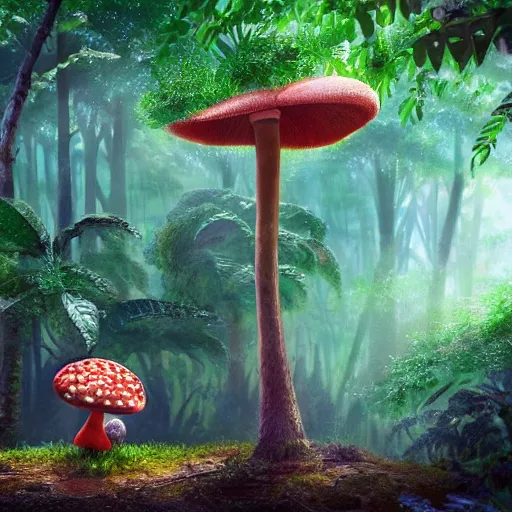 Image similar to Intricate detailed illustration, A small and happy humanoid mushroom frolicking in a lush tropical jungle, 🍄 , cinematic lighting, by Philip Hood, wide angle, volumetric light scattering, 8k, artstation, concept art,