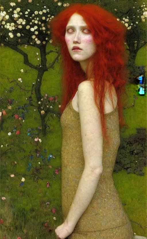 Prompt: portrait of a girl with long red hair, very beautiful style, girl in a garden, in a gold suit, photorealism, edgard maxence,