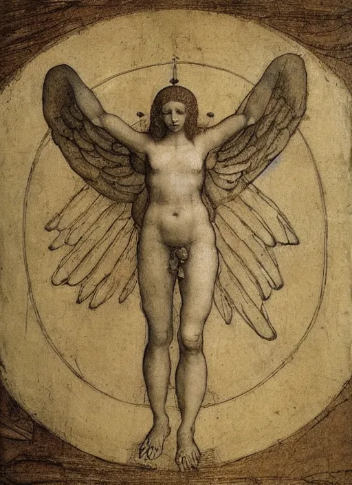 Prompt: Vitruvian female angel by Leonardo Davinci