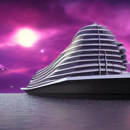 Image similar to futuristic ship in a purple sea, detasiled, sharp, 4k, photorealistic
