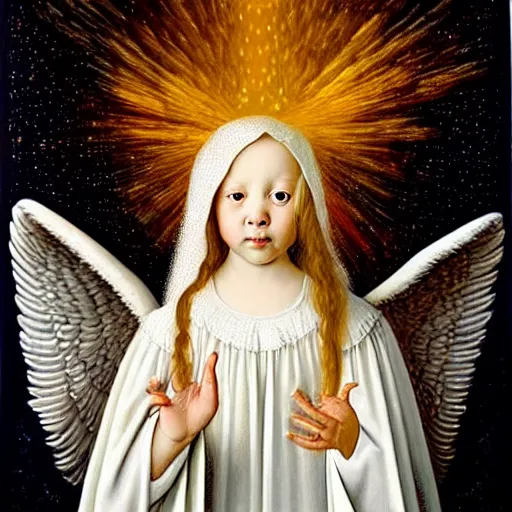 Prompt: highdetailed hyperrealistic painting of white angel!!! no gender!!!, giant ball of miracle light from the chest!!!!!, white sparkles everywhere, lot of fire and stars overhead!!!, by jan van eyck, holography space, glow effect, large strokes, soft and clean, bright white color