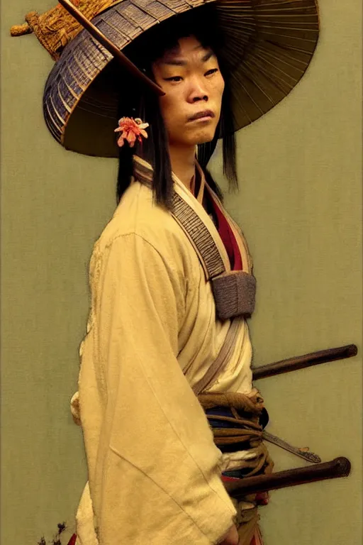 Prompt: full character of a samurai with a bamboo hat, character design, painting by gaston bussiere, katsuya terada, nc wyeth, greg rutkowski, craig mullins, vermeer, frank, mucha, tom of finland, trending on artstation, jeffery catherine jones