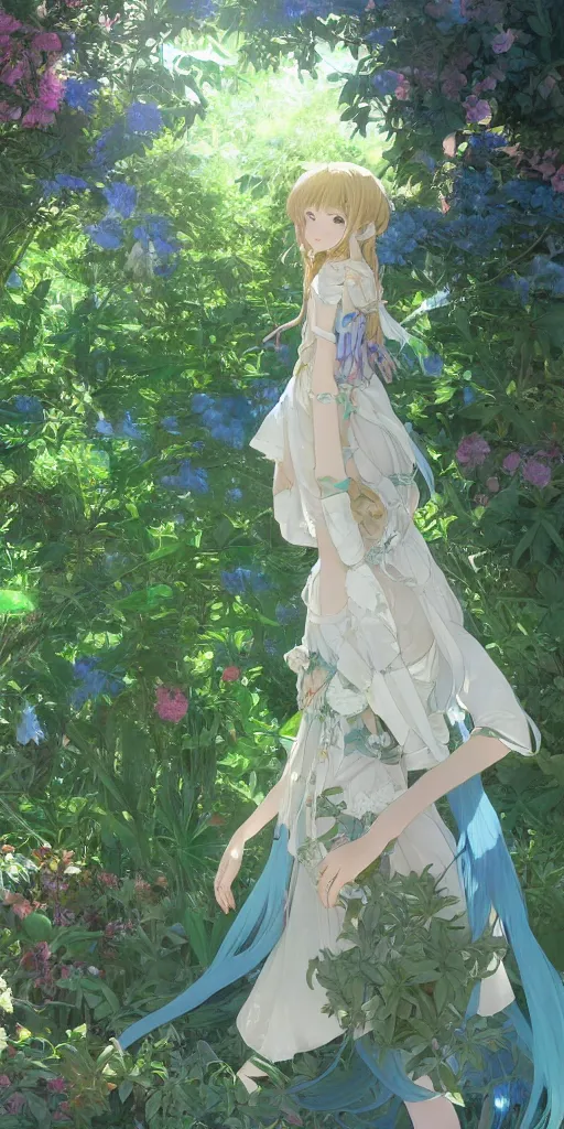 Image similar to a digital art of a loli with long hair in a dress in the privet garden at after noon, green and blue and warm theme, back lighting, by krenz cushart and mucha and akihito yoshida and greg rutkowski and makoto shinkai, highly detailed, 4 k resolution, trending on art station