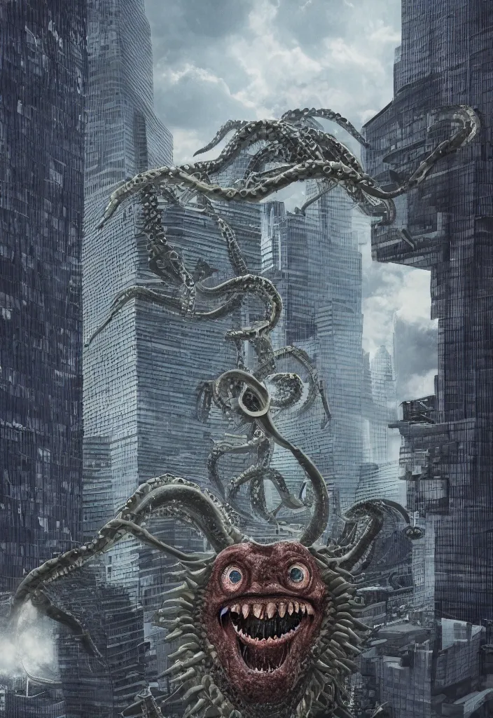 Image similar to A giant Kraken-like multi-eyed monster jumped up with its jaws on a high-rise office building and is eating it, extremely high detail, ultra realistic, photorealism, 8k