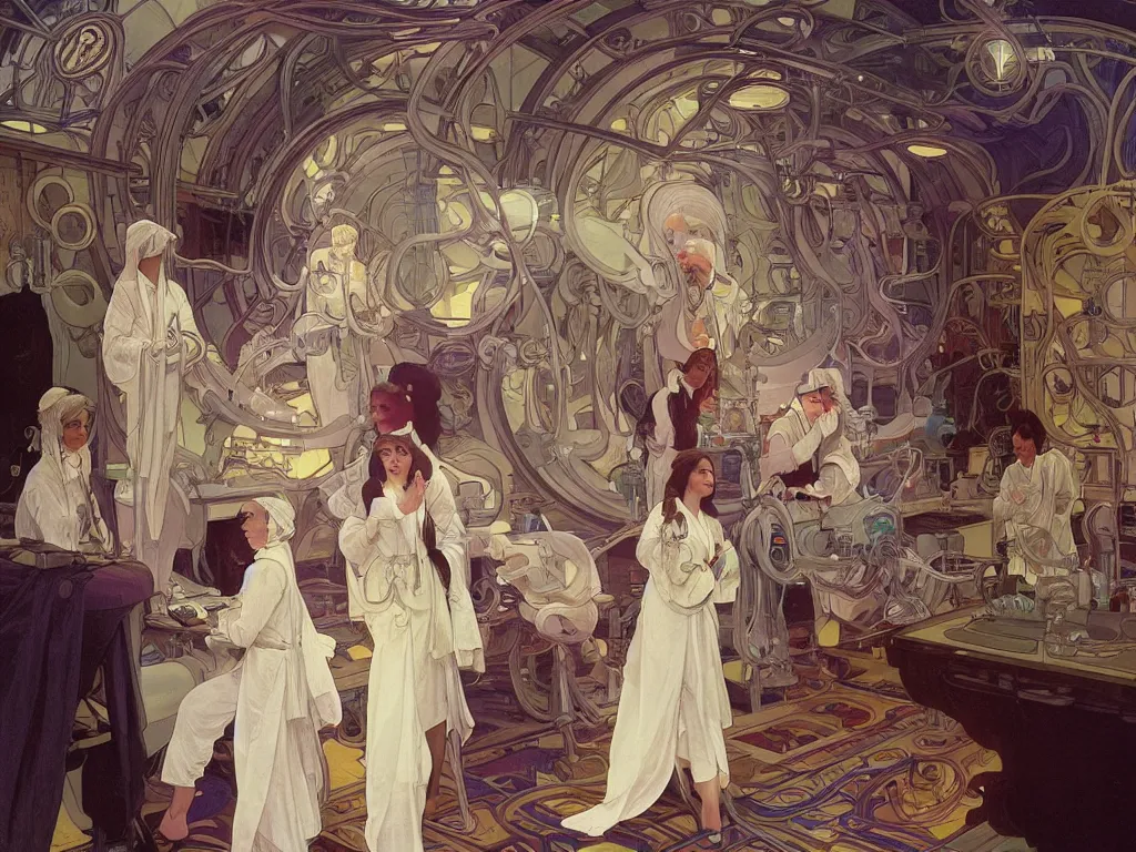 Prompt: Future godly calm scientists discover the cure on space station lab, ethereal, elegant, intricate, beautiful, digital painting, artstation, concept art, smooth, sharp focus, by Alphonse Mucha