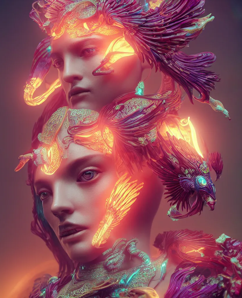 Image similar to goddess close-up portrait. orchid bird phoenix head, nautilus, skull, betta fish, bioluminiscent creatures, intricate artwork by Tooth Wu and wlop and beeple. octane render, trending on artstation, greg rutkowski very coherent symmetrical artwork. cinematic, hyper realism, high detail, octane render, 8k