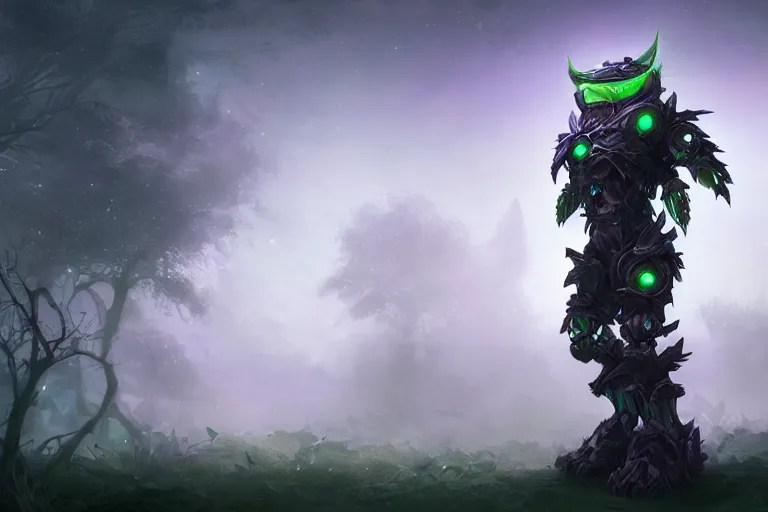 Prompt: a robotic tree humanoid, cute, dark fantasy, foggy, misty, ambient lights, dark lights, moon glow, digital art, video game character, league of legends, glows,