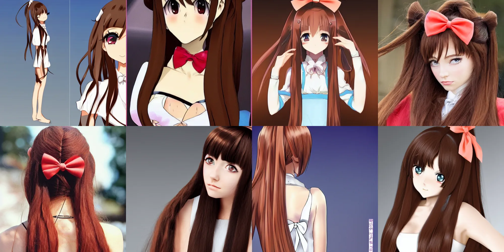 Prompt: An anime girl with extensively long coral brown hair that she keeps tied up in a high ponytail tied back with a large white bow, curled slightly at the ends.