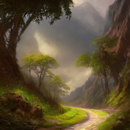 Image similar to roads leading into distance, lush fantasy landscape, artstation, photorealistic