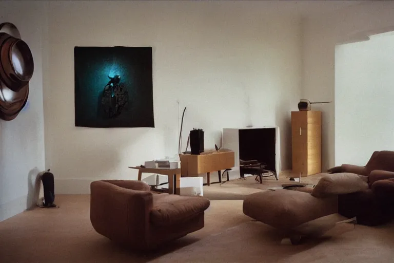 Image similar to photograph of sculpture radiating esoteric energy in modernist living room, crisp focus, highly detailed, in jeff wall style, 3 5 mm ektachrome