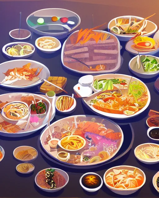 Image similar to a painting of a table full of korean foods, concept art by taro yamamoto, pixiv contest winner, auto - destructive art, official art, concept art, pixiv