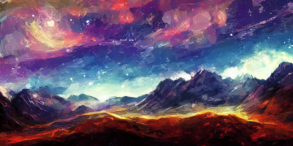 Prompt: willem dafoe, mountain landscape, night sky, digital art, digital painting, celestial, majestic, colorful