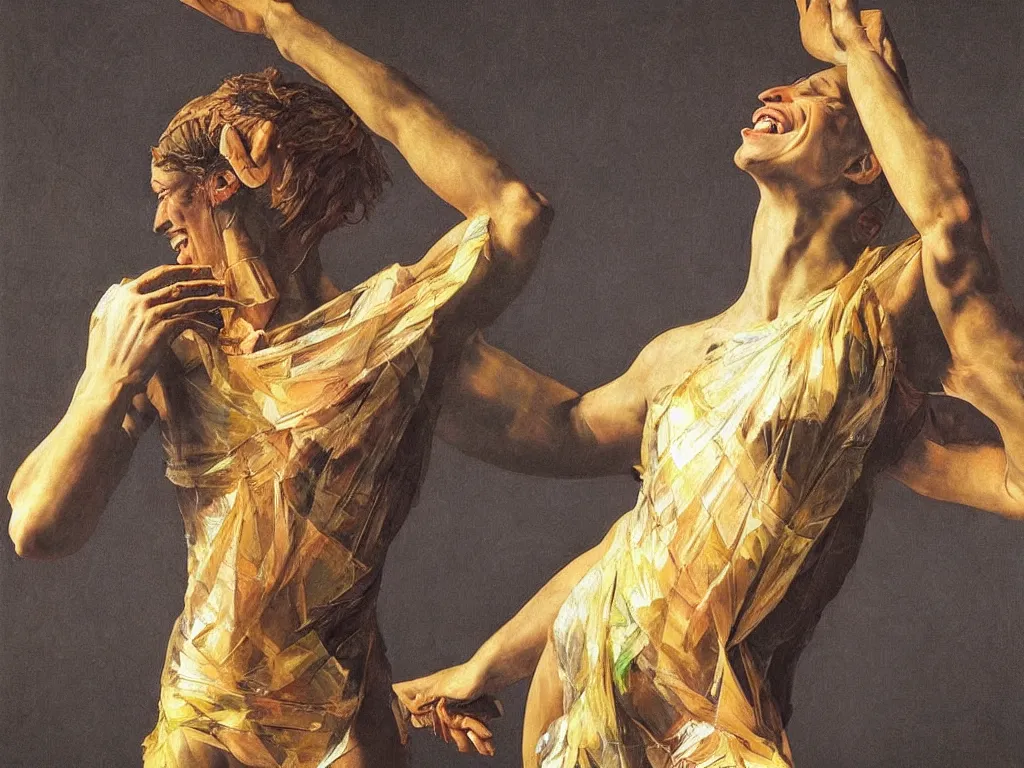Prompt: hyperrealistic still life painting of a 3d statue of a dancer, wrapped in fabric, experiencing pure raw joy, laughing playfully, sacred geometry, light refracting through prisms in a tesseract, by Caravaggio, botanical print, surrealism, vivid colors, serene, golden ratio