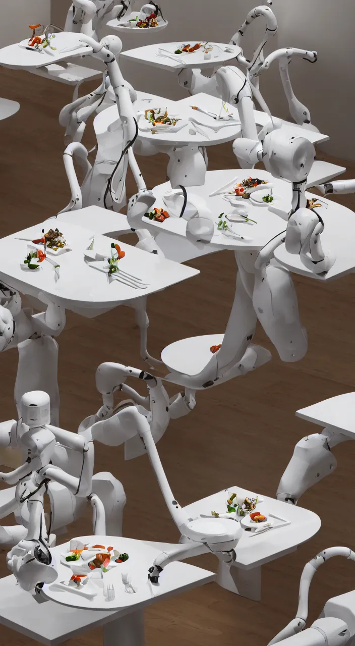 Image similar to three large white glossy kuka industrial robot arms on the floor around a dinner table, the kuka industrial robot arms are wearing bow ties, the table is full of food, they are having dinner inside a fine dining restaurant with mid century modern furniture and decor, global illumination, artstation, fantasy