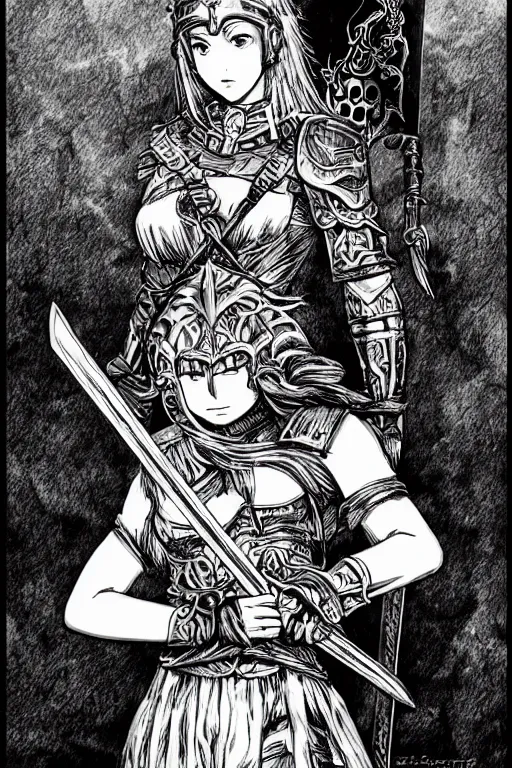 Prompt: A beautiful female warrior with a sword and shield overlooking a grand battlefield in the style of berserker by Kentaro Miura, manga, black ink,