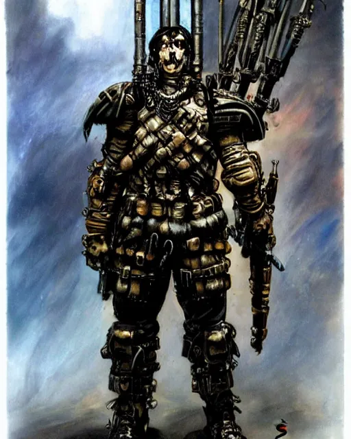 Prompt: full figure of a tech goth soldier wearing armor by simon bisley, john blance, frank frazetta, fantasy, barbarian