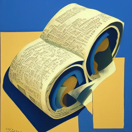 Image similar to painting of a roll of newspaper standing against a blue background, by ivan seal, surreal art, dull