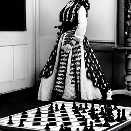 Image similar to An Edwardian woman posing with a chessboard in the style of Moomin 90s anime