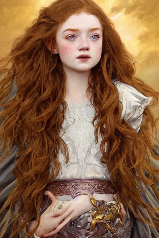 Image similar to Sadie Sink, sparkling eyes, stars in her eyes, shining eyes, grinning, elegant, enticing, sharp features, big flowing hair, traditional roman armor, highly detailed, digital painting, artstation, concept art, smooth, sharp focus, beautiful face, expressive eyes, illustration, art by Artgerm and greg rutkowski and alphonse mucha