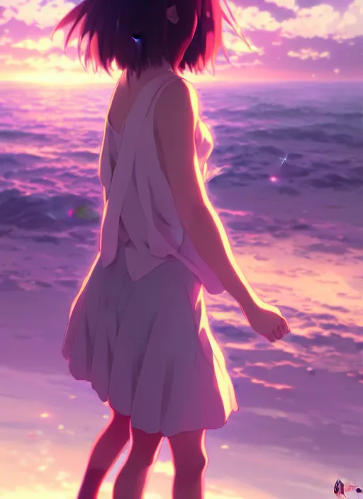 Image similar to anime girl walking on water, ripples, backdrop of dawn, saturn in the background, illustration, concept art, anime, key visual, trending pixiv fanbox by wlop and greg rutkowski and makoto shinkai and studio ghibli