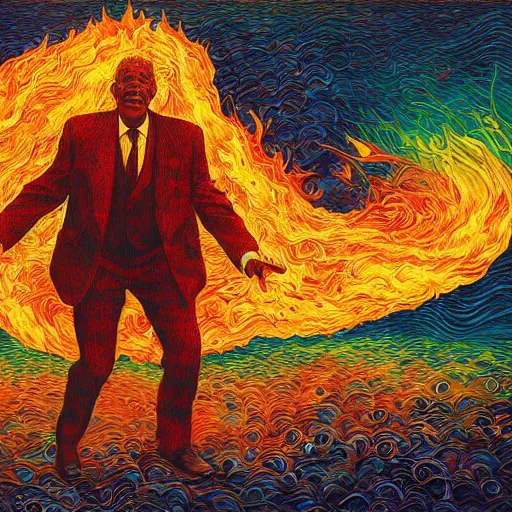 Prompt: morgan freeman as anthropomorphic god of fire, surreal by dan mumford and umberto boccioni, oil on canvas