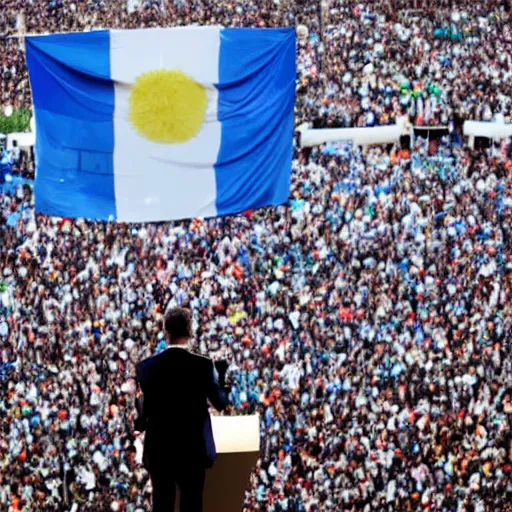 Image similar to Lady Gaga as president, Argentina presidential rally, Argentine flags behind, bokeh, giving a speech, detailed face, Argentina