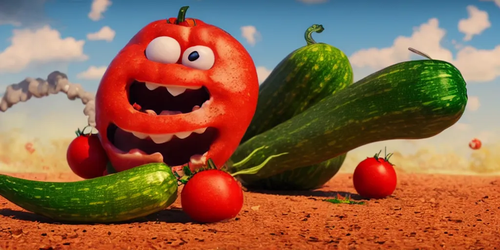 Image similar to detailed 3 d render of a raging zucchini character with a ninja sword running on dirt road, scared tomates scattered everywhere, high speed action, explosions, dramatic scene, hyper realistic octane render, cinematic lighting, splatter, deviantart, black sky, lowbrow, frame from pixar movie